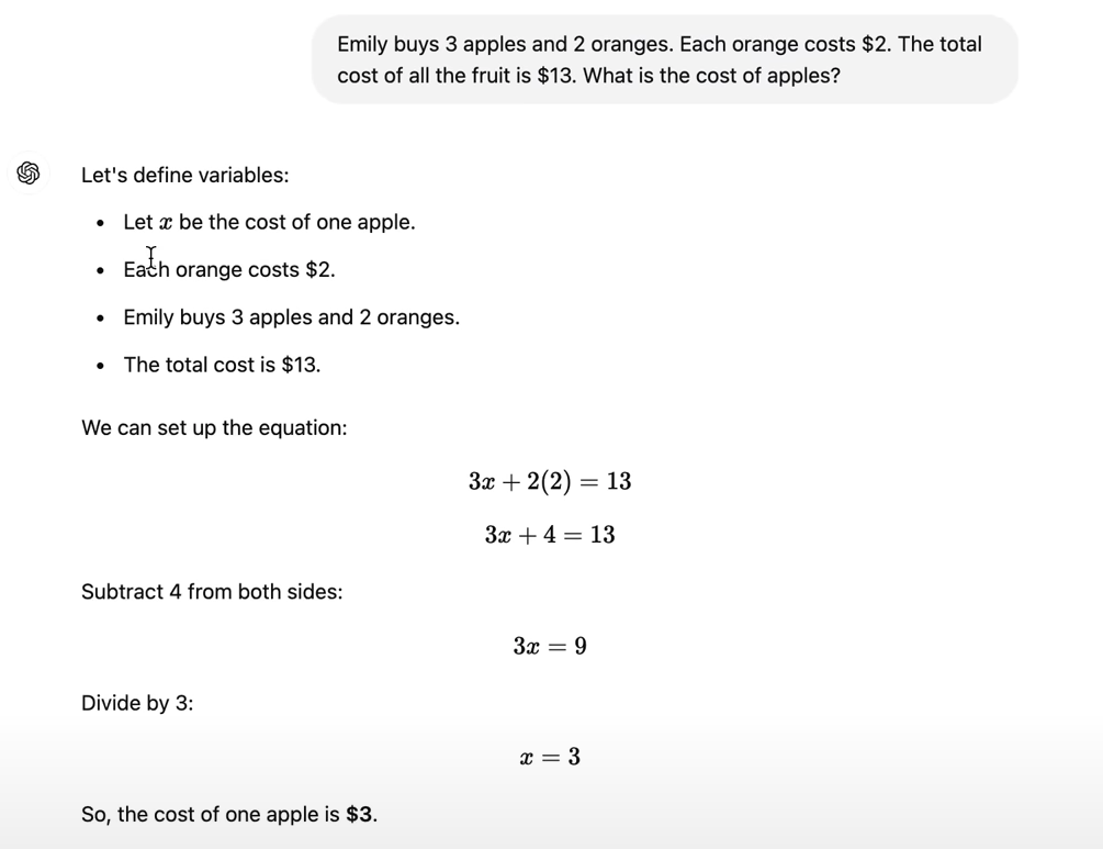 ChatGPT answer to the apple/orange maths question